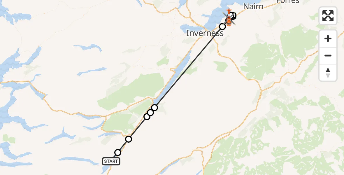 Flight path map showing Coastguard Helicopter route from Loch Lochy to Inverness Airport