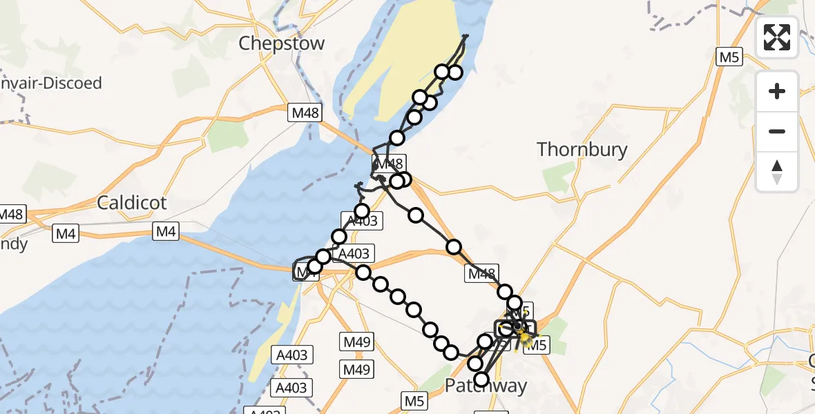 Flight path map showing Police Helicopter route from Almondsbury Helicopter Base to Almondsbury Helicopter Base