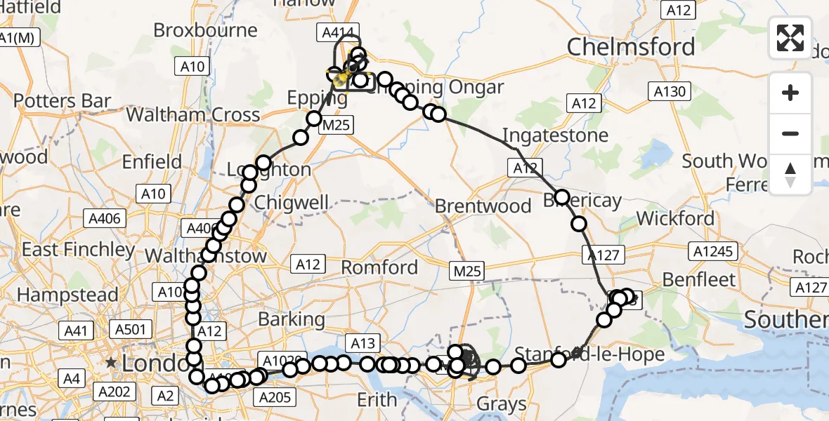 Flight path map showing Police Helicopter route from North Weald Airfield to North Weald Airfield