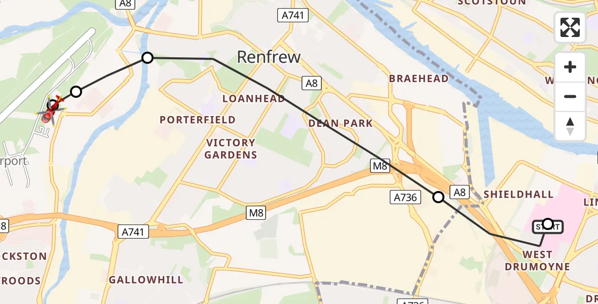 Flight path map showing Air Ambulance Helicopter route from Queen Elizabeth Hospital to Glasgow Airport