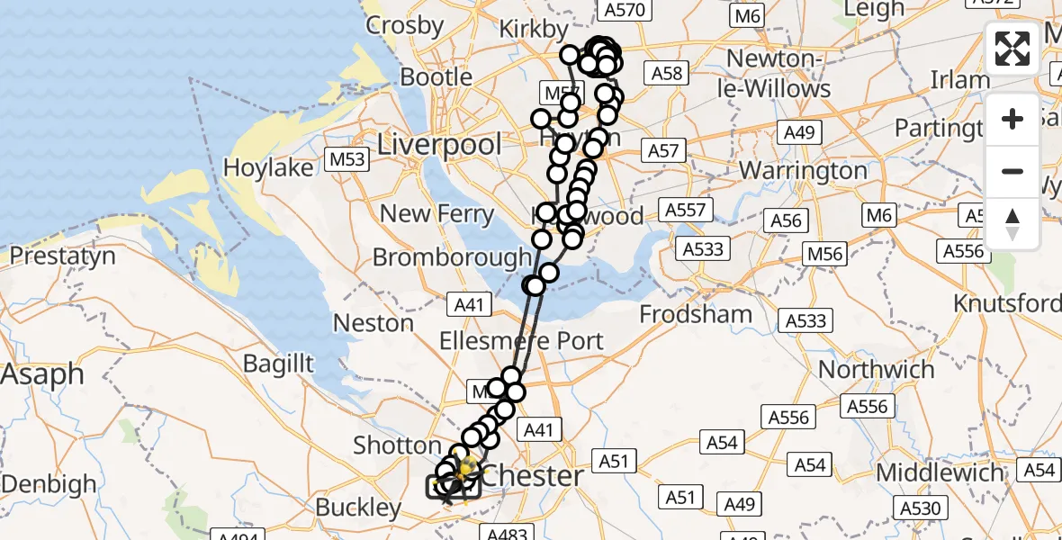 Flight path map showing Police Helicopter route from Hawarden Airport to Hawarden Airport