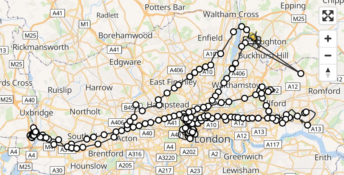 Flight path map showing Police Helicopter route from Metropolitan Police Air Support Unit Lippitts Hill to Sewardstonebury