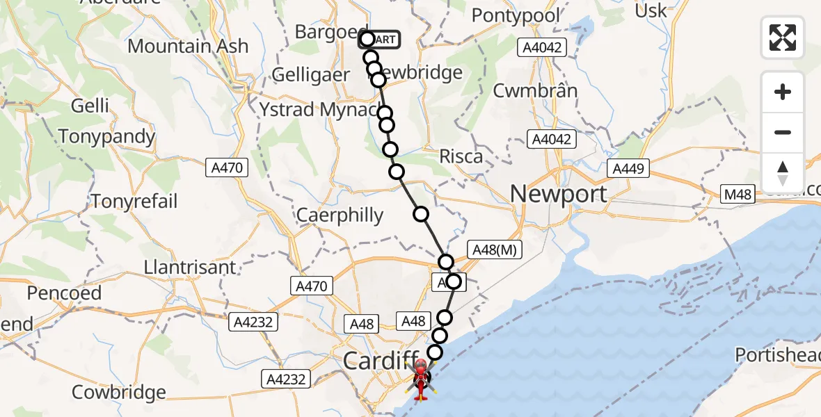 Routekaart van de vlucht: Air Ambulance Helicopter to Cardiff Heliport