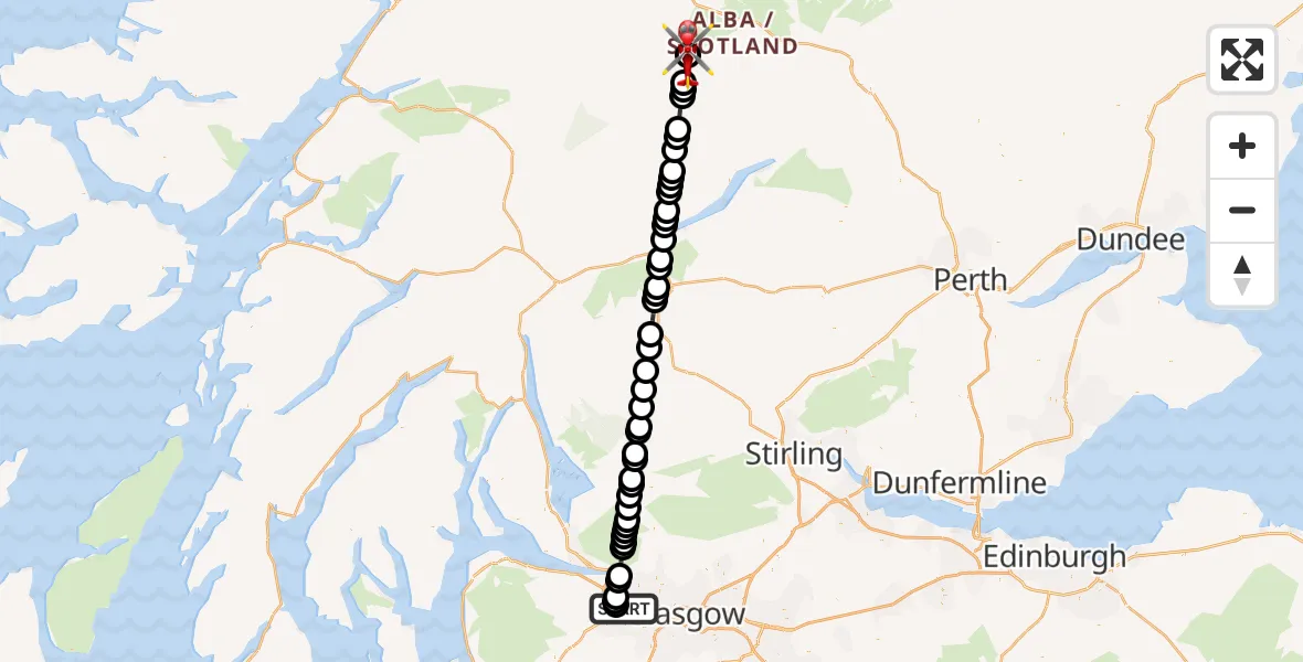 Flight path map showing Air Ambulance Helicopter route from Glasgow Airport to Perth and Kinross