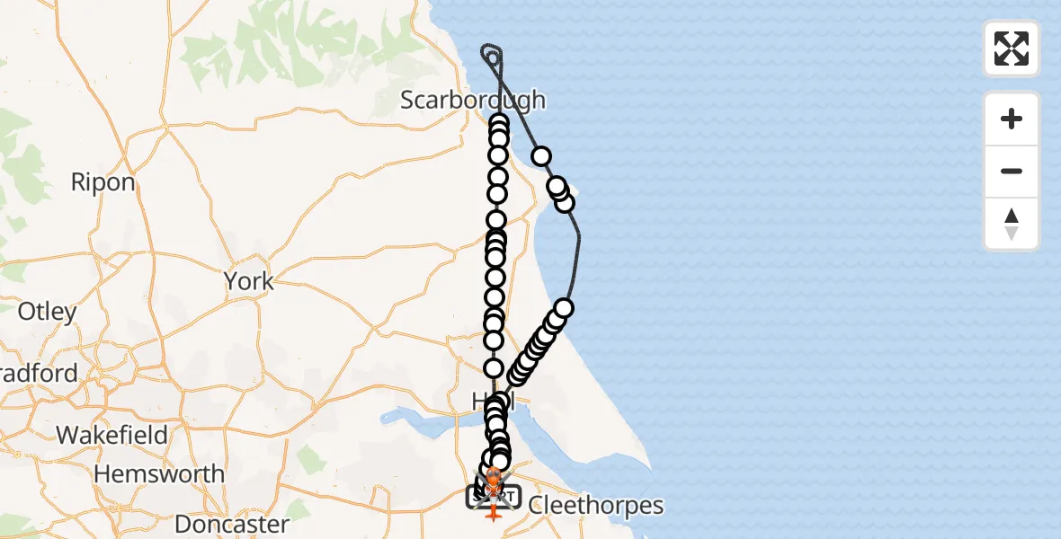 Flight path map showing Coastguard Helicopter route from Humberside Airport to Humberside Airport