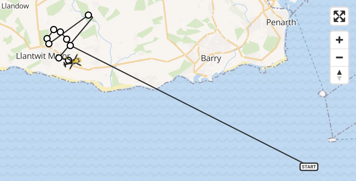 Flight path map showing Police Helicopter route from Bristol Channel to MOD St Athan