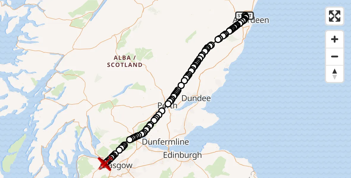 Flight path map showing Air Ambulance Aircraft route from Aberdeen International Airport to Glasgow Airport