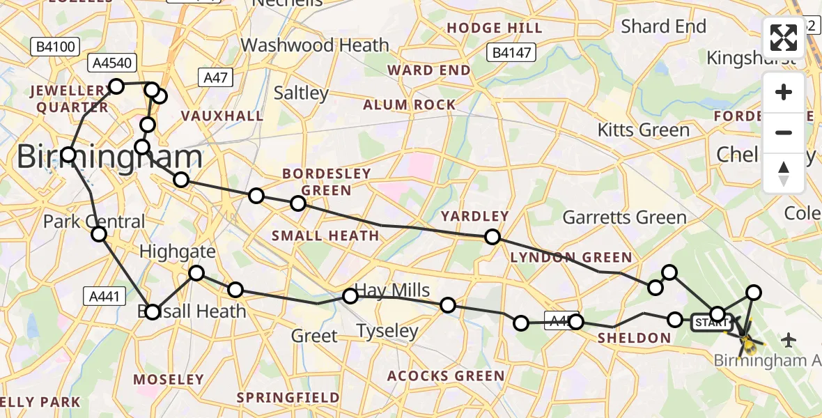 Flight path map showing Police Helicopter route from Birmingham Airport to Birmingham Airport