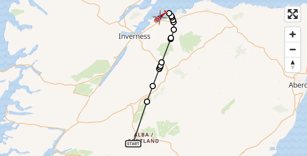 Flight path map showing Air Ambulance Helicopter route from Perth and Kinross to North Sea