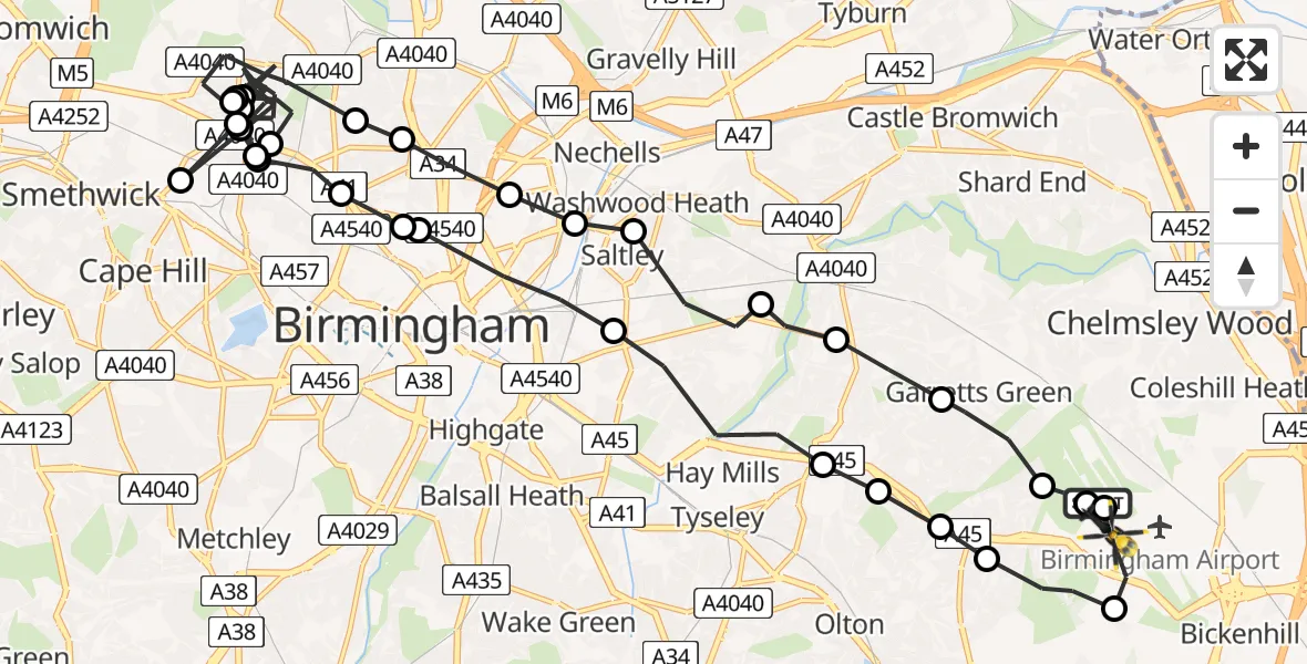 Flight path map showing Police Helicopter route from Birmingham Airport to Birmingham Airport