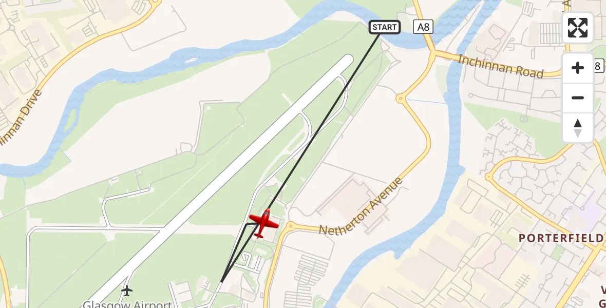 Flight path map showing Air Ambulance Aircraft route from Glasgow Airport to Glasgow Airport