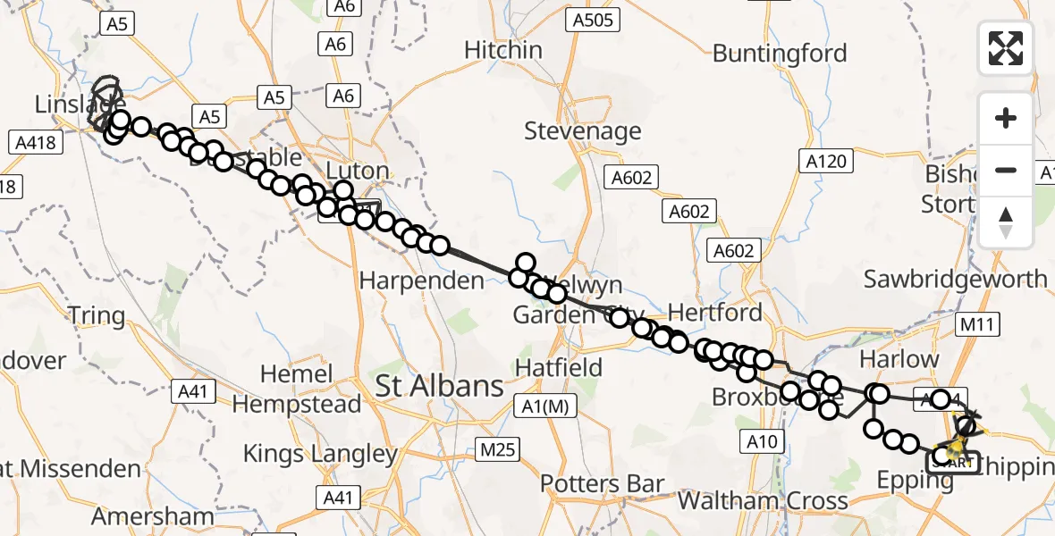 Flight path map showing Police Helicopter route from North Weald Airfield to North Weald Airfield