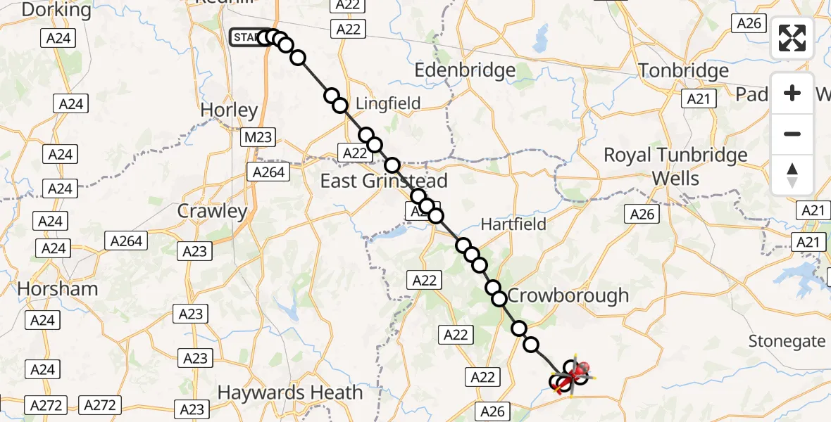 Flight path map showing Air Ambulance Helicopter route from Redhill Aerodrome to Wealden