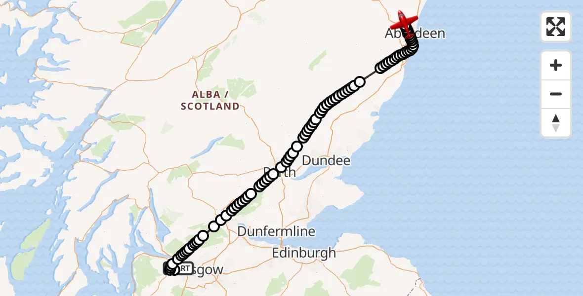 Flight path map showing Air Ambulance Aircraft route from Glasgow Airport to Aberdeen International Airport