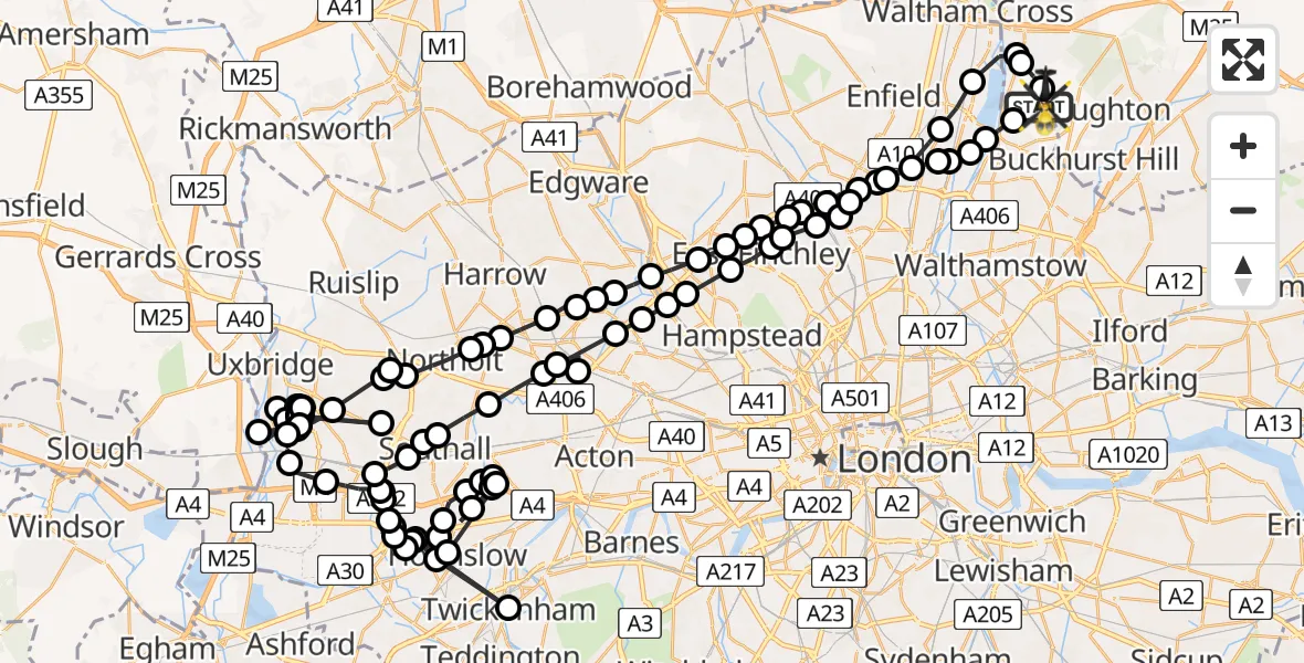 Flight path map showing Police Helicopter route from Sewardstonebury to Sewardstonebury