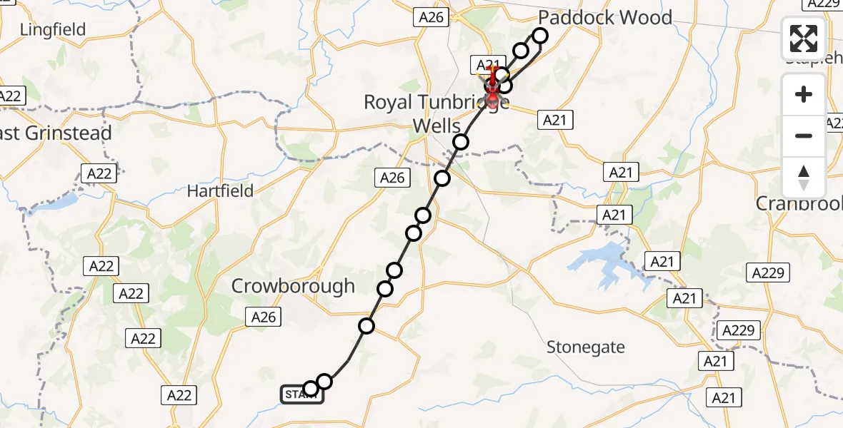 Flight path map showing Air Ambulance Helicopter route from Wealden to Tunbridge Wells Hospital Heliport