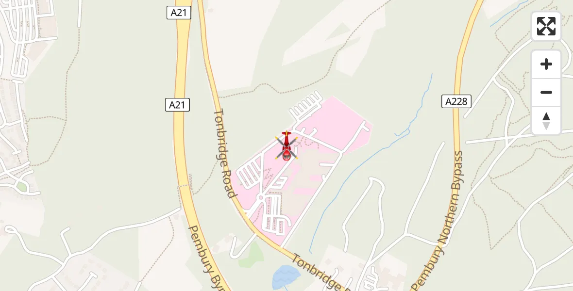 Flight path map showing Air Ambulance Helicopter route from Tunbridge Wells Hospital Heliport to Tunbridge Wells Hospital Heliport