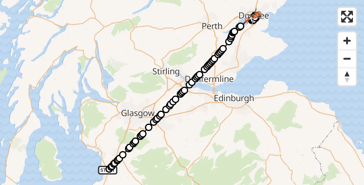 Flight path map showing Coastguard Helicopter route from Glasgow Prestwick Airport to North Sea