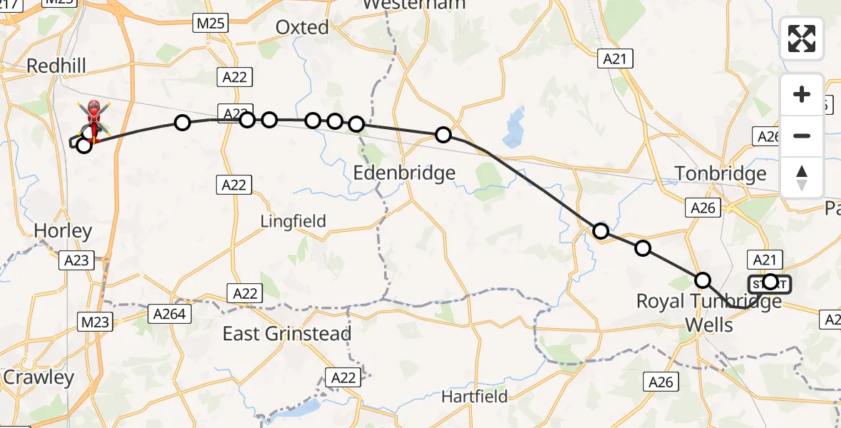 Flight path map showing Air Ambulance Helicopter route from Tunbridge Wells Hospital Heliport to Redhill Aerodrome