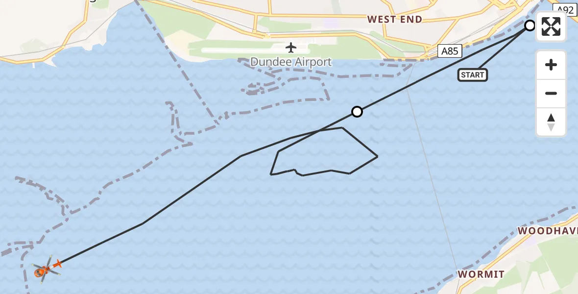 Flight path map showing Coastguard Helicopter route from North Sea to North Sea
