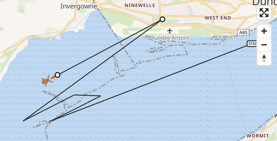 Flight path map showing Coastguard Helicopter route from North Sea to North Sea