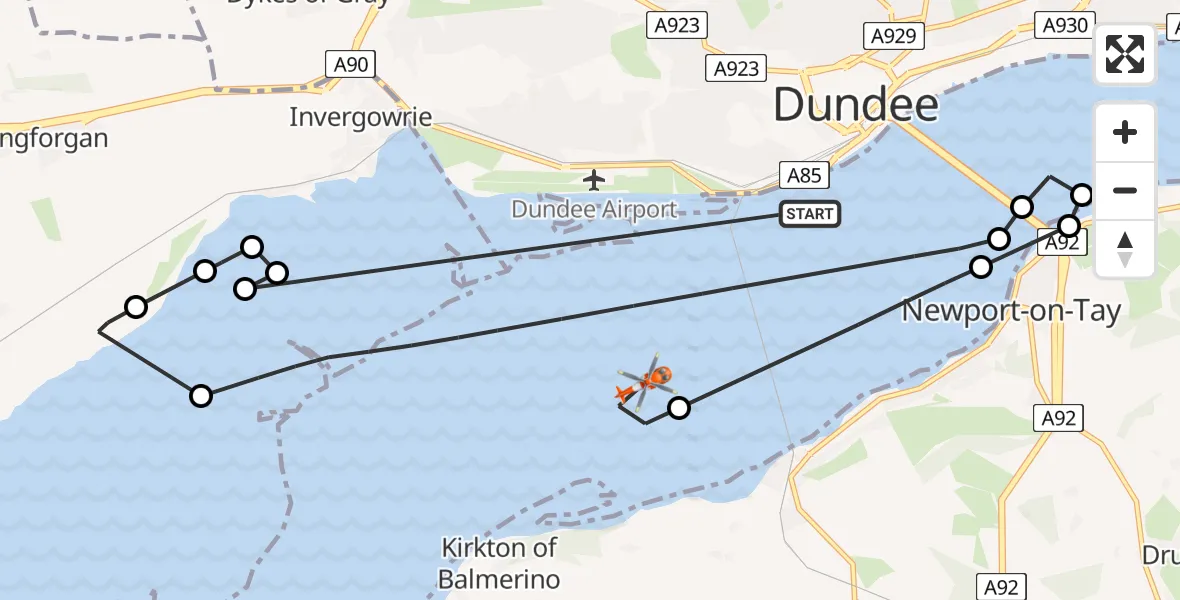 Flight path map showing Coastguard Helicopter route from North Sea to North Sea
