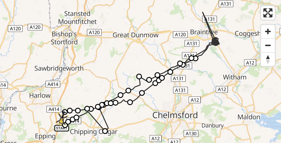 Flight path map showing Police Helicopter route from North Weald Airfield to North Weald Airfield