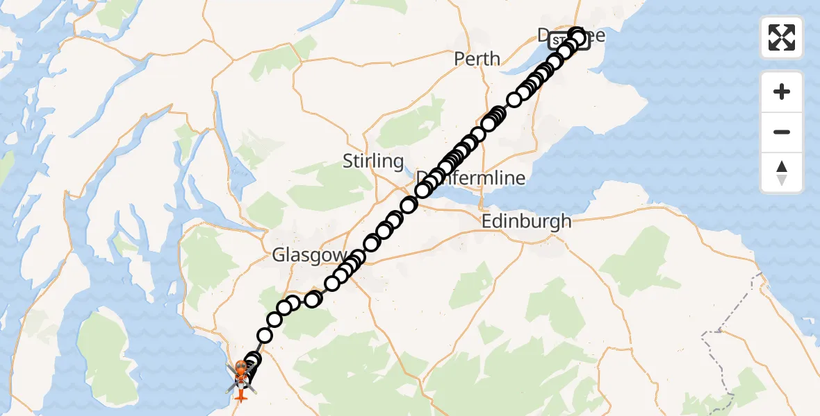 Flight path map showing Coastguard Helicopter route from North Sea to Glasgow Prestwick Airport
