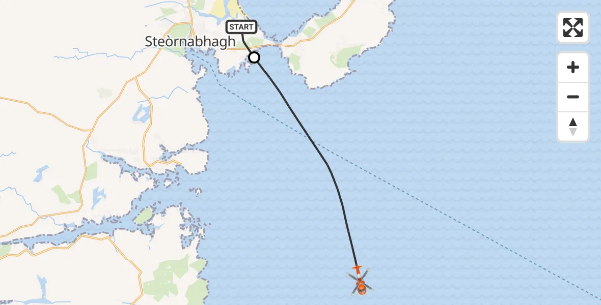 Flight path map showing Coastguard Helicopter route from Stornoway Airport to Inner Seas