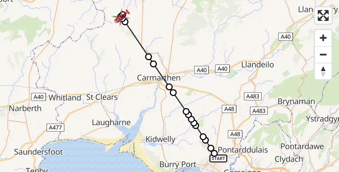 Flight path map showing Air Ambulance Helicopter route from Dafen to Cynwyl Elfed