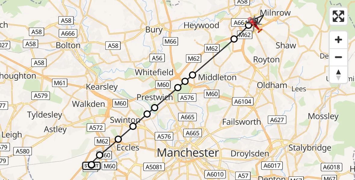 Flight route Air Ambulance Helicopter Manchester Barton Aerodrome - Milnrow, 08 April 2026, 06:17