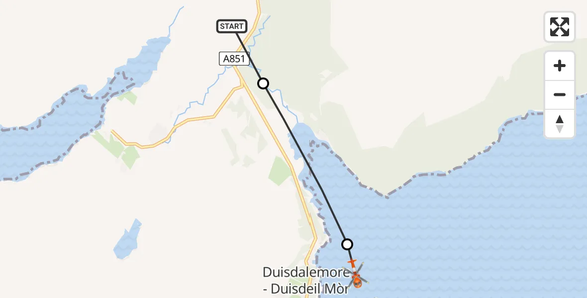 Flight path map showing Coastguard Helicopter route from Sleat - Slèite to Camuscross - Camas Cros