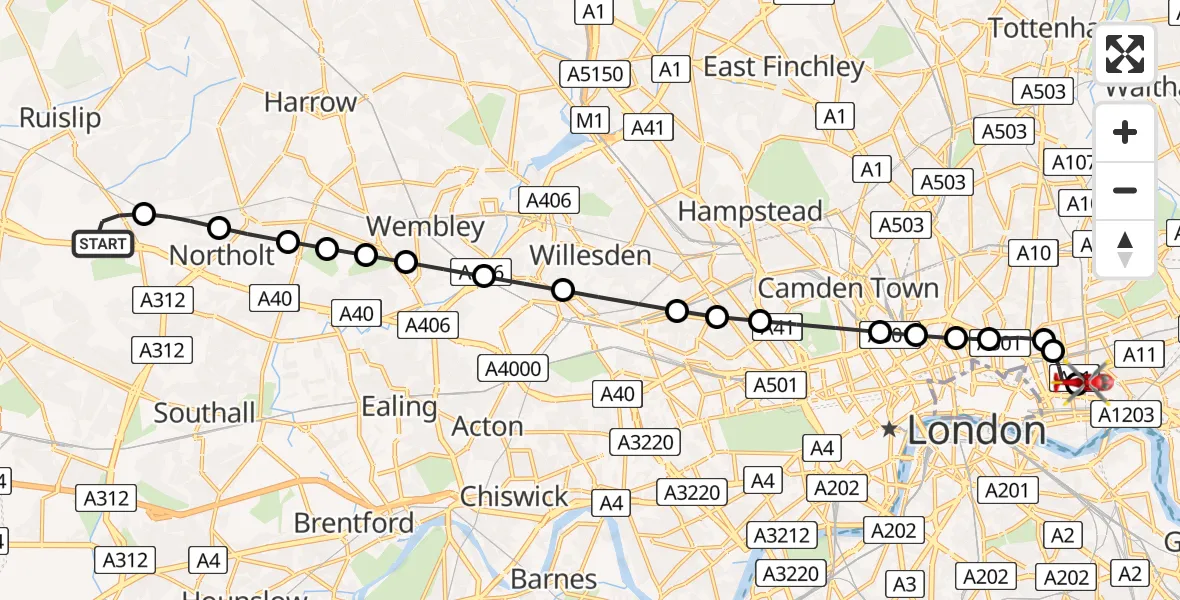 Flight path map showing Air Ambulance Helicopter route from RAF Northolt to Royal London Hospital