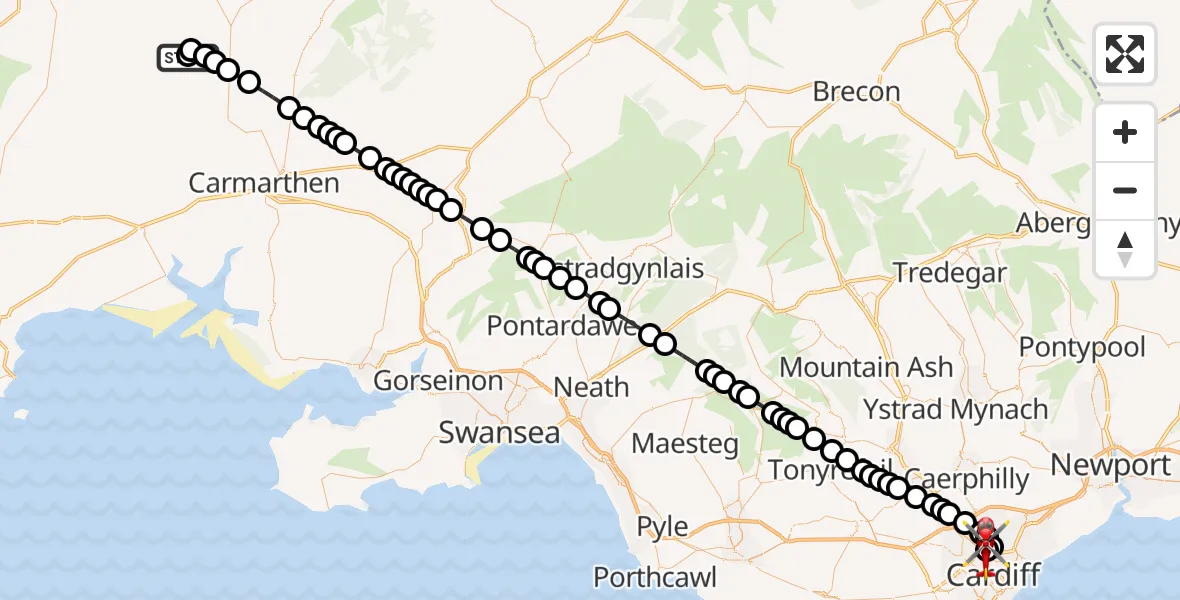 Flight path map showing Air Ambulance Helicopter route from Newcastle Emlyn to Mynachdy