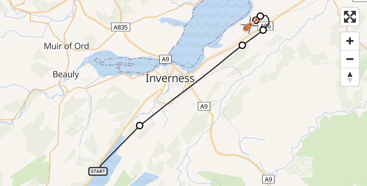 Flight path map showing Coastguard Helicopter route from Loch Ness to Inverness Airport