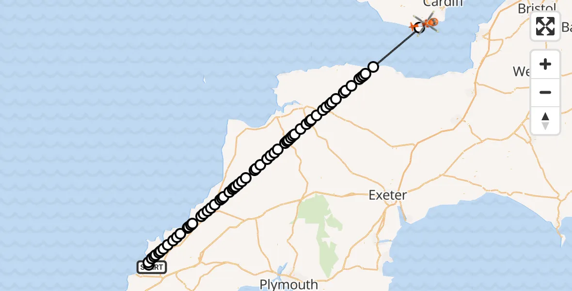 Flight path map showing Coastguard Helicopter route from Cornwall Airport Newquay to Rhoose