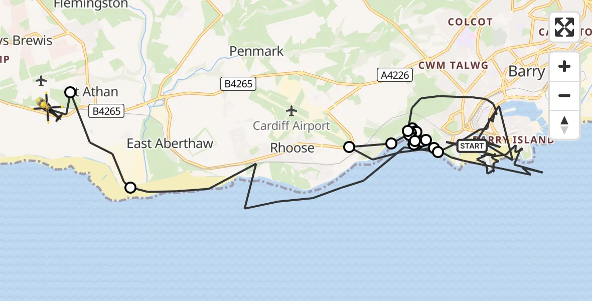 Flight path map showing Police Helicopter route from Barry to MOD St Athan