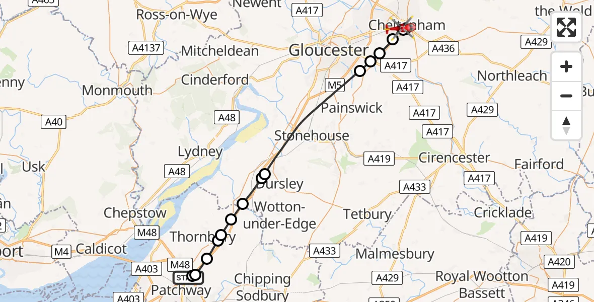 Flight path map showing Air Ambulance Helicopter route from Almondsbury Helicopter Base to Cheltenham