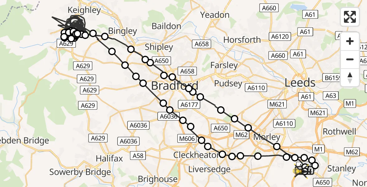 Flight path map showing Police Helicopter route from East Ardsley to East Ardsley