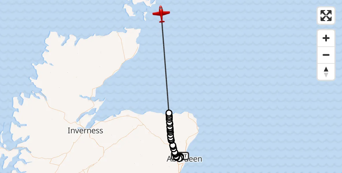 Flight path map showing Air Ambulance Aircraft route from Aberdeen International Airport to North Sea