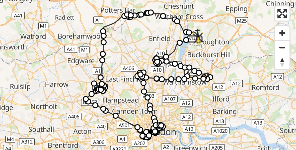 Flight path map showing Police Helicopter route from Sewardstonebury to Epping Forest