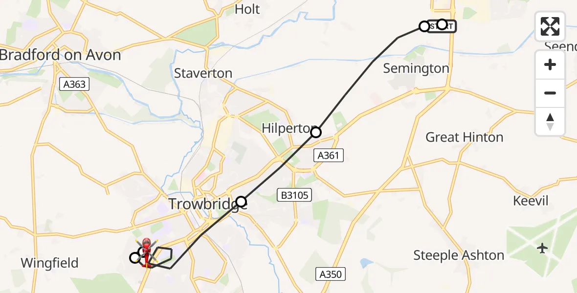 Flight path map showing Air Ambulance Helicopter route from Wiltshire Air Ambulance to Trowbridge