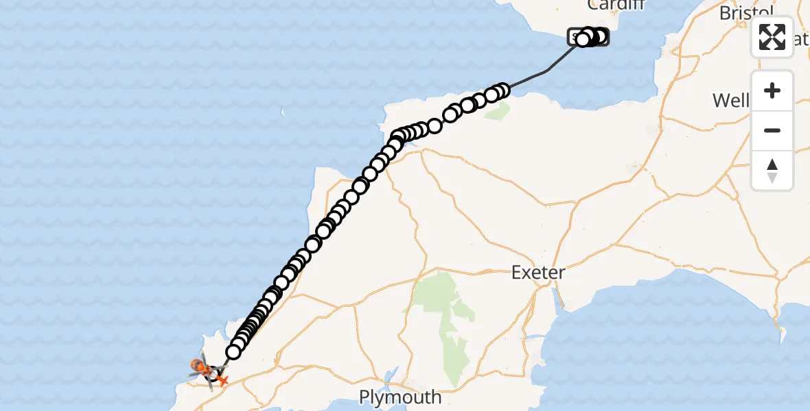 Flight path map showing Coastguard Helicopter route from Barry to Cornwall Airport Newquay