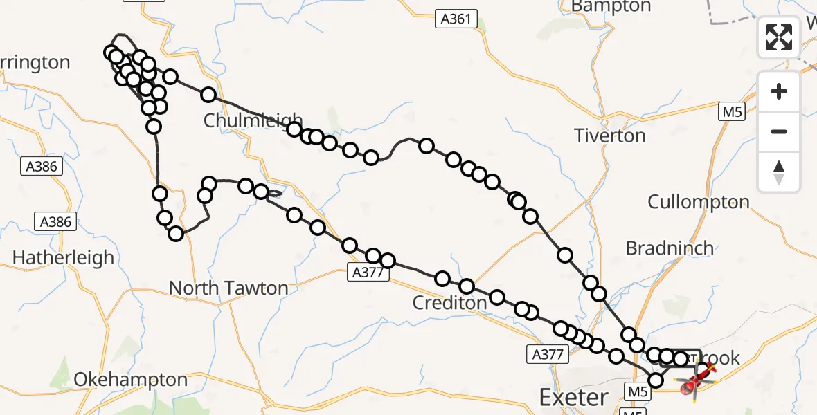 Flight path map showing Air Ambulance Helicopter route from Broadclyst to Rockbeare