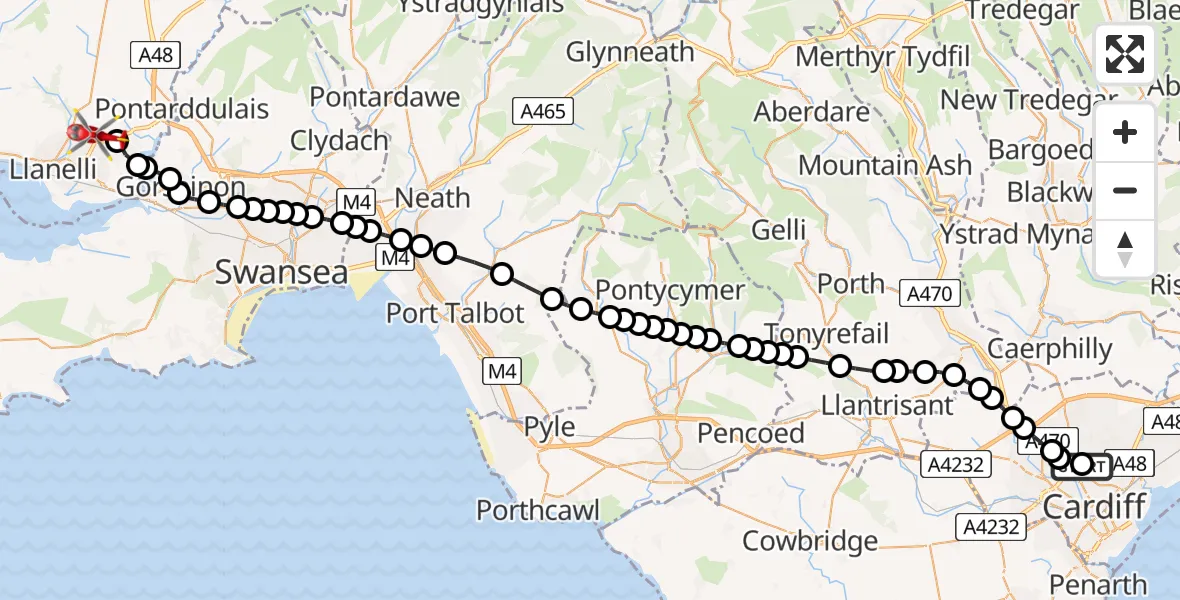 Flight path map showing Air Ambulance Helicopter route from Birchgrove to Dafen
