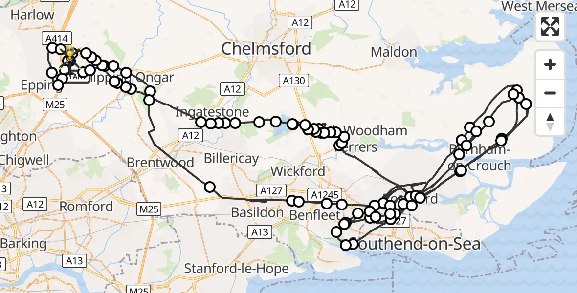 Flight path map showing Police Helicopter route from Woodhatch to North Weald Airfield