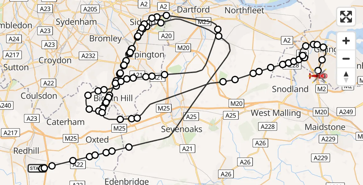 Flight path map showing Air Ambulance Helicopter route from Redhill Aerodrome to Rochester Airport