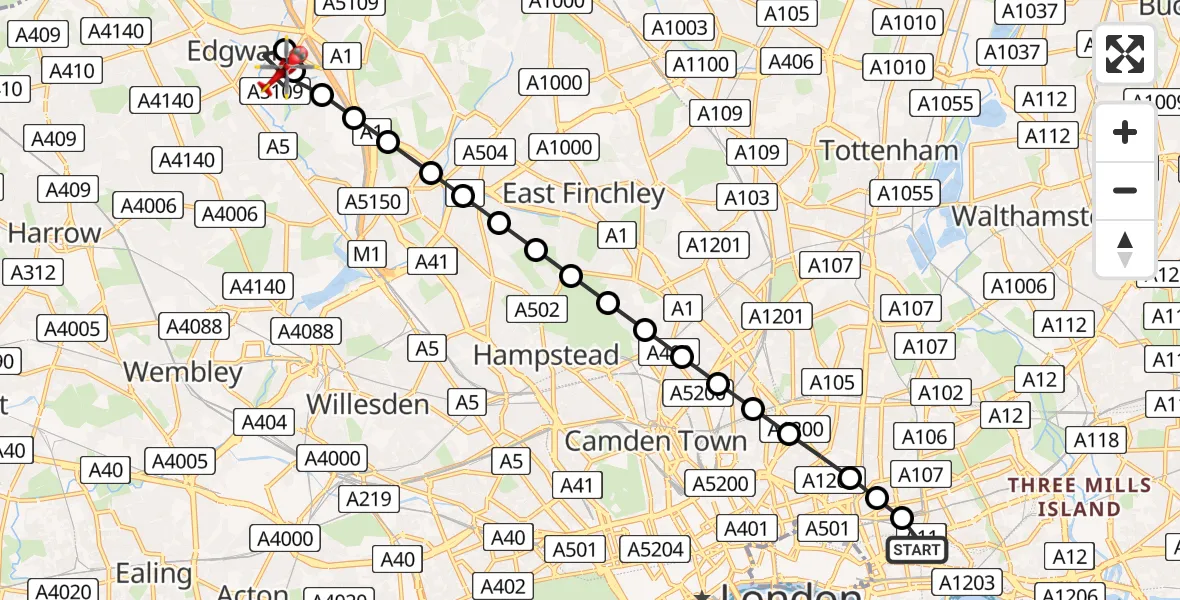 Flight path map showing Air Ambulance Helicopter route from Royal London Hospital to Barnet