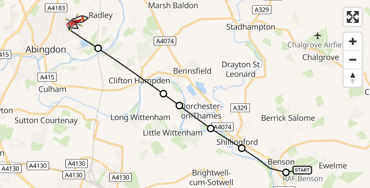 Flight path map showing Air Ambulance Helicopter route from RAF Benson to Abingdon