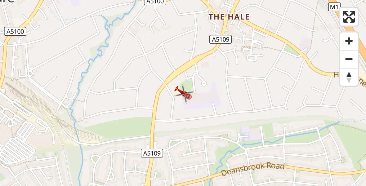 Flight path map showing Air Ambulance Helicopter route from Deansbrook Infant and Junior Schools to Deansbrook Infant and Junior Schools